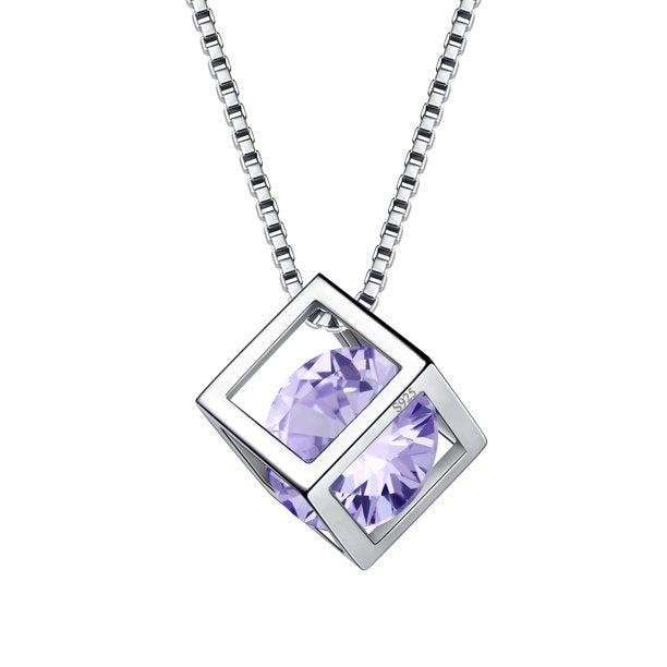 Beautlace Collier avec pierre de naissance en argent sterling 925, pendentif cube 3D, pierre de naissance, bijoux d'anniversaire, cadeaux de Noël pour femmes et filles 
