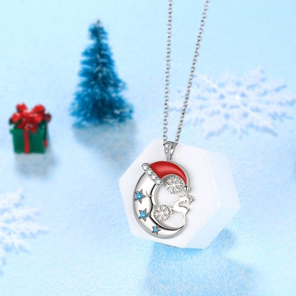 Beautlace Christmas Santa Hat Crescent Moon Necklace 925 Sterling Silver Antler Reindeer Snowflake Necklace,Cute Christmas Necklace for Women Girls Blue Crystal Santa Claus Necklace Gifts Xmas Jewelry