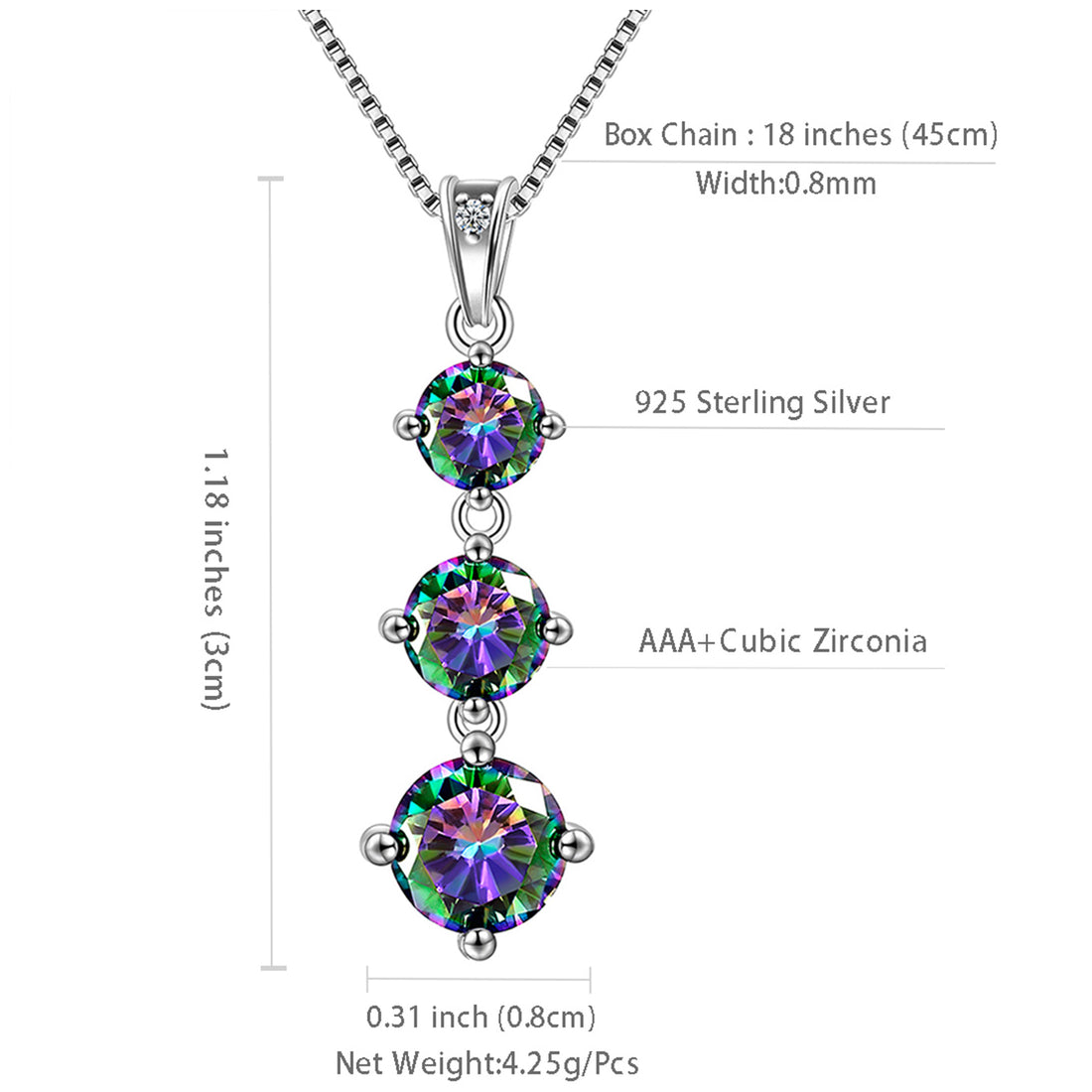 Beautlace 925 Sterling Silver Green Mystic Topaz Three Stone Pendant Necklace for Women Girls