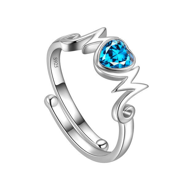 Beautlace 18k White Gold over 925 Sterling Silver Heart Mom Mother Rings,Cubic Zirconi Birthstone Adjustable Ring for Mum's Gift Grandma's Gift