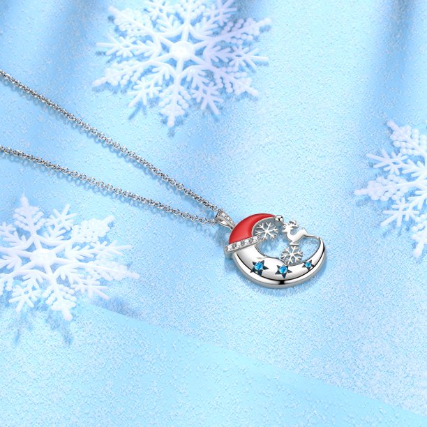 Beautlace Christmas Santa Hat Crescent Moon Necklace 925 Sterling Silver Antler Reindeer Snowflake Necklace,Cute Christmas Necklace for Women Girls Blue Crystal Santa Claus Necklace Gifts Xmas Jewelry