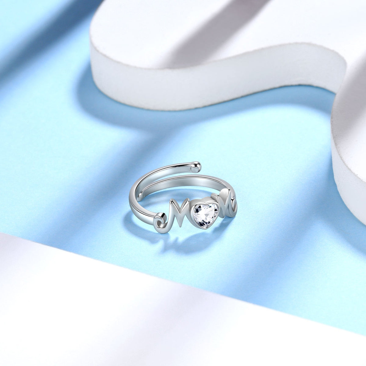 Beautlace 18k White Gold over 925 Sterling Silver Heart Mom Mother Rings,Cubic Zirconi Birthstone Adjustable Ring for Mum's Gift Grandma's Gift