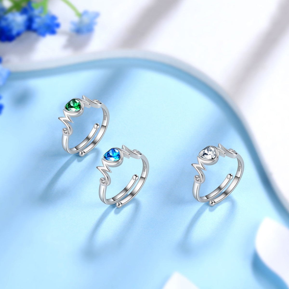 Beautlace 18k White Gold over 925 Sterling Silver Heart Mom Mother Rings,Cubic Zirconi Birthstone Adjustable Ring for Mum's Gift Grandma's Gift