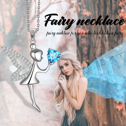 Beautlace Fairy with Heart Blue Crystal Pendant Necklace ,925 Sterling Silver Fairy Necklace Jewelry Gifts for Teens Kids Daughter Sister